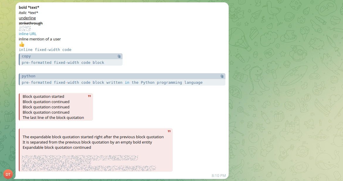 Markdown Support Message Full example image